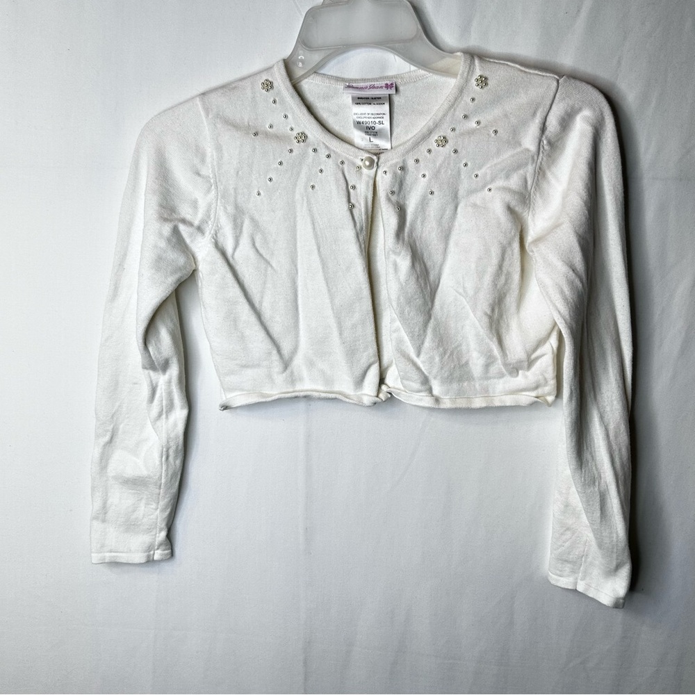 Bonnie Jean Girls Cardigan White OffWhite Cream Sweater Long Sleeve PearlsSize L